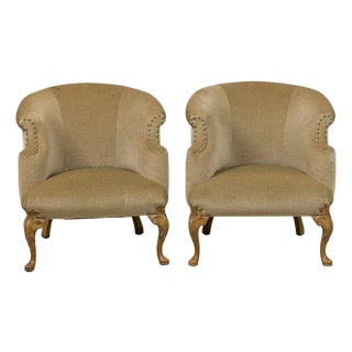 Pair of Barrel Back Louis XV Style Mohair Bergeres For Sale