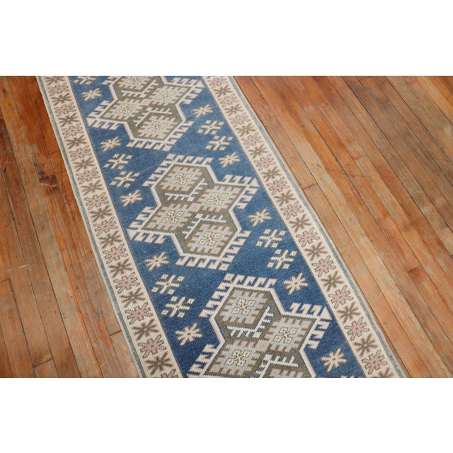 Vintage Denim Blue Geometric Turkish Runner - 2'4" x 11'10" For Sale In New York - Image 6 of 9