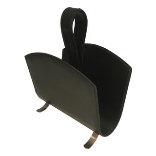 Leather magazine rack on a brushed steel base:: French:: circa 1950 For Sale