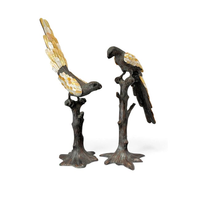 Maitland Smith Bronze & Mother of Pearl Parrot Sculptures, a Pair For Sale In West Palm - Image 6 of 15