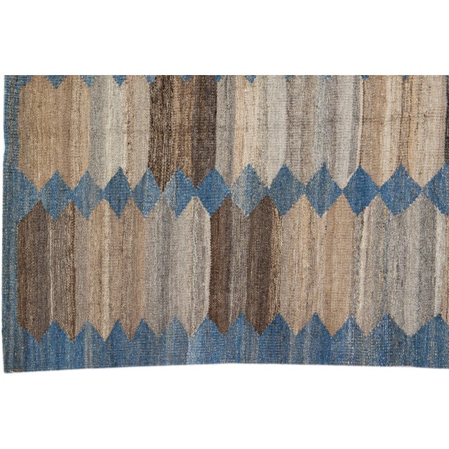 2020s Blue & Brown Flatweave Kilim Wool Runner With a Modern Abstract Design For Sale - Image 4 of 7