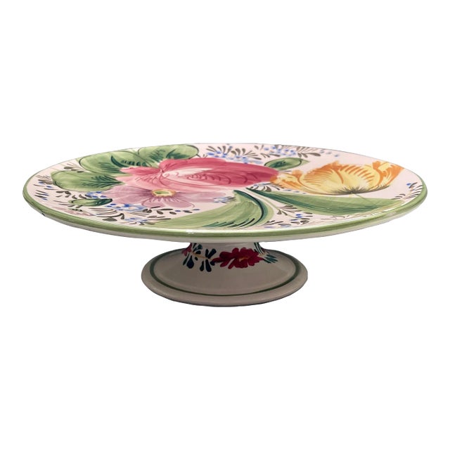 Vintage Hand Painted Italian Floral Cake Stand For Sale