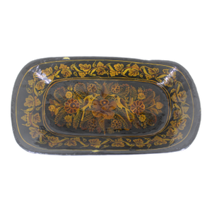 Vintage Kashmir Lacquered Wood Bowl Handmade Hand Painted Floral Leaf Bird Black Brown Yellow