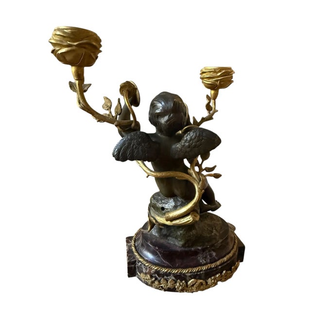 Bronze Fine French Neoclassical Bronze Dore Highlights. Marble Ormolu Cherubs Candleholders. Marble Footed. Titled Cherub Candelabra by L Bureau. For Sale - Image 8 of 12