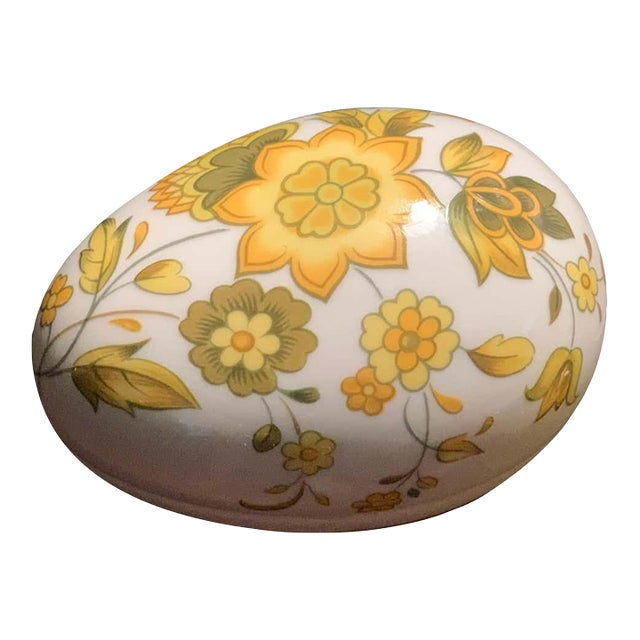 Mid 20th Century Vintage Limoges Hand Painted Porcelain Yellow Floral Egg Trinket Box, France For Sale
