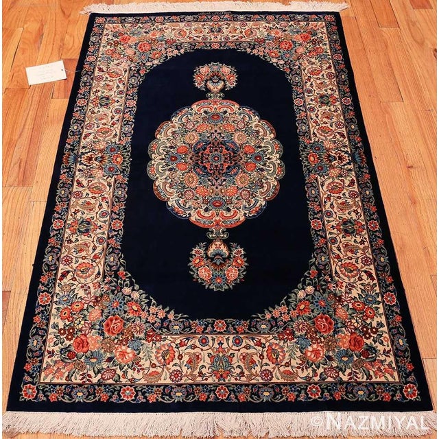 Blue Background Floral Vintage Silk Persian Qum Rug , Country of Origin / Rug Type: Vintage Persian Rug, Circa Date: Late...