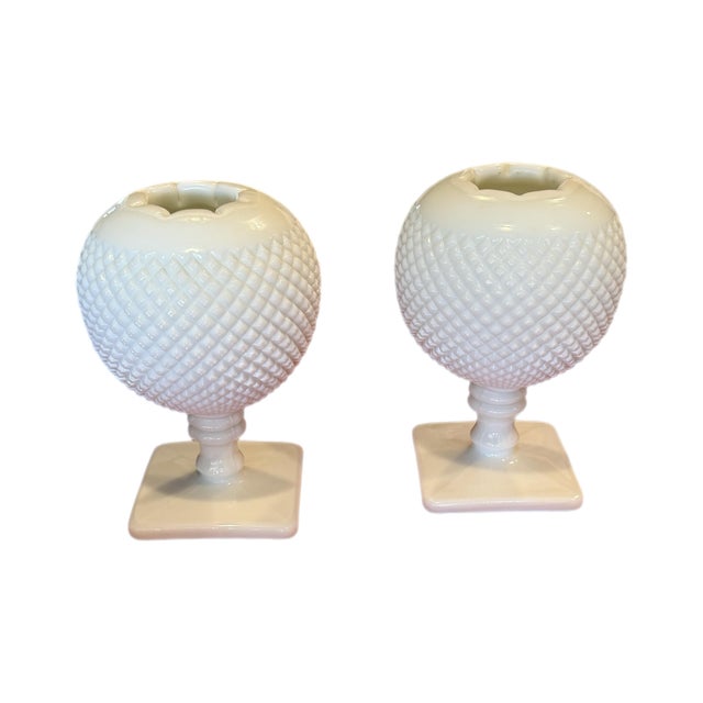 Mid-Century Modern Vintage Westmoreland Milk Glass Hobnail Ivy Bowl Pedestal Vase Pair, 7" For Sale - Image 3 of 11
