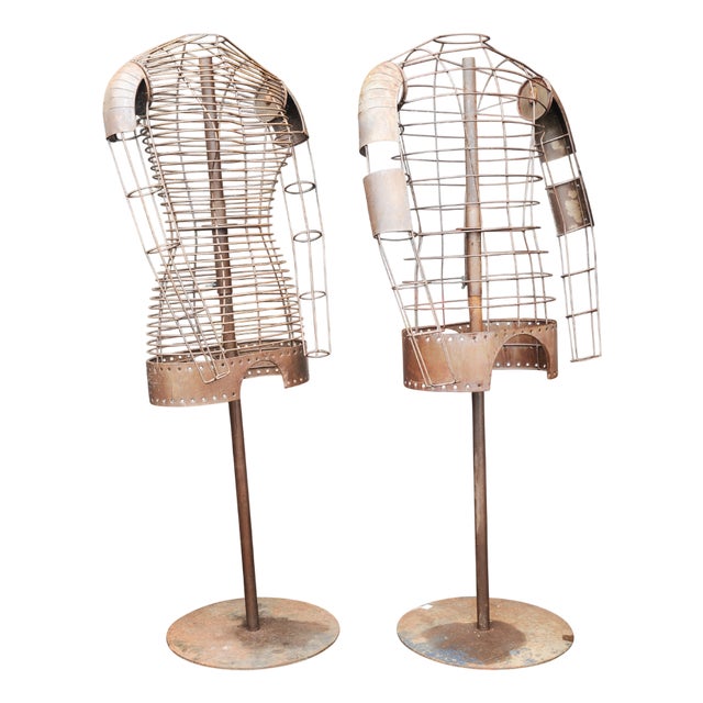 Vintage Patinated Metal Wire Frame Male & Female Mannequins, Set of 2 For Sale
