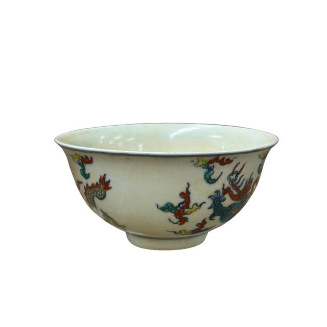 Chinese Off White Color Dragon Graphic Porcelain Bowl Display Art For Sale - Image 4 of 12