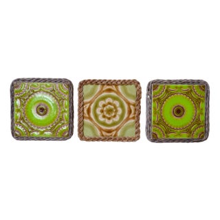 Vintage Ceramic and Wicker Trivets, Set of 3 For Sale