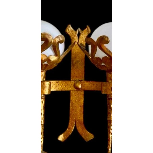 Spanish Wall Light in Gilt Iron with Milk Glass Globes, 1950, Set of 2 For Sale - Image 4 of 10