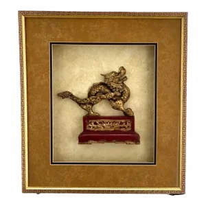 Antique Chinese Hand Carved Wood Gilt Dragon in Shadow Box.