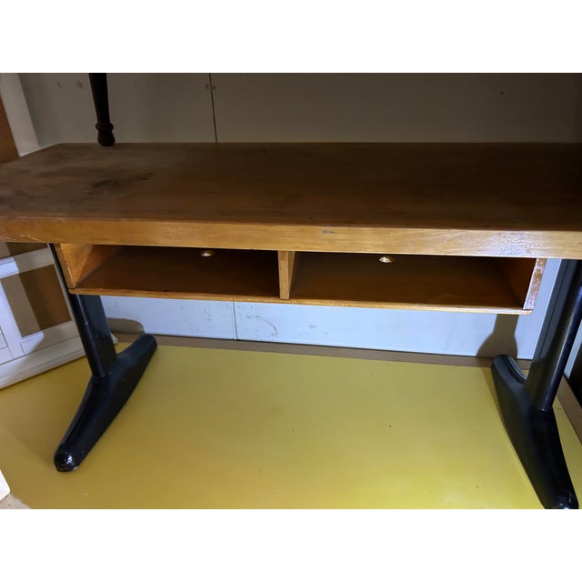 Vintage 1950s Maple Student Desk With Black Steel Legs and Cubby Storage For Sale In Atlanta - Image 6 of 9