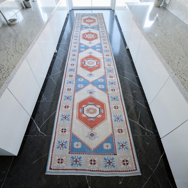 Mid-Century Modern 1980s Hand Knotted Runner Rug Extra Long Hallway Rug Kitchen Decor For Sale - Image 3 of 13