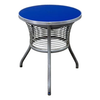 20th Century Streamline & Art Moderne End or Side Table W/ Steel Frame & Round Cobalt Blue Mirror Top For Sale