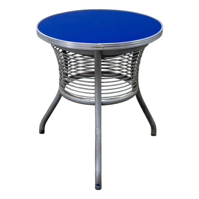 20th Century Streamline & Art Moderne End or Side Table W/ Steel Frame & Round Cobalt Blue Mirror Top For Sale
