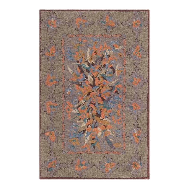 1930s Green Floral Folk Art Antique American Hooked Rug 3' 0" X 4' 7" Handknotted Wool Carpet For Sale