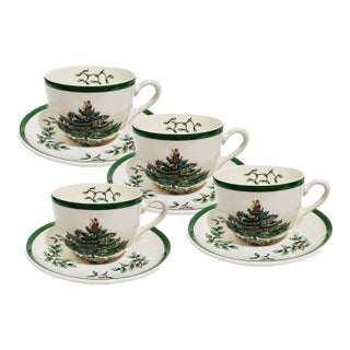 Spode Christmas Tree Pattern Flat Cups & Saucers - Set of 4 For Sale