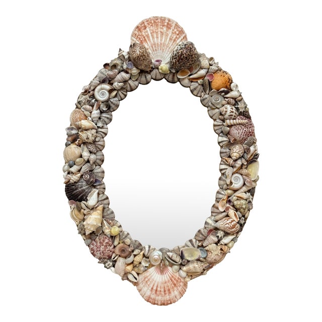Mid Century Palm Beach Regency Oval Shell Encrusted Wall Mirror in the Style of Tony Duquette For Sale