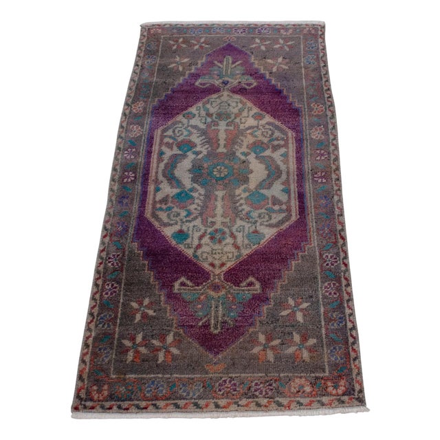 1970s Hand Knotted Small Oushak Rug Faded Mini Rug Mat - 1'8" X 3'6" For Sale - Image 5 of 14