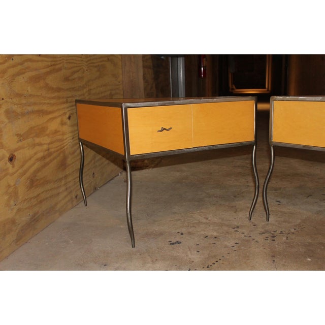 Contemporary wood and brushed metal triangle shaped end tables set of