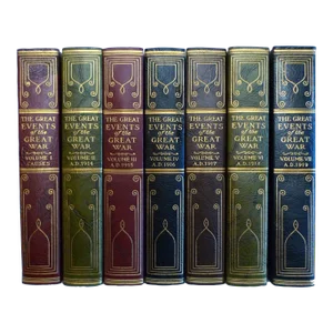 Early 20th Century Decorative and Illustrated Leather Volume Set, Charles F. Horne's the Great Events of The Great War - 7 Books