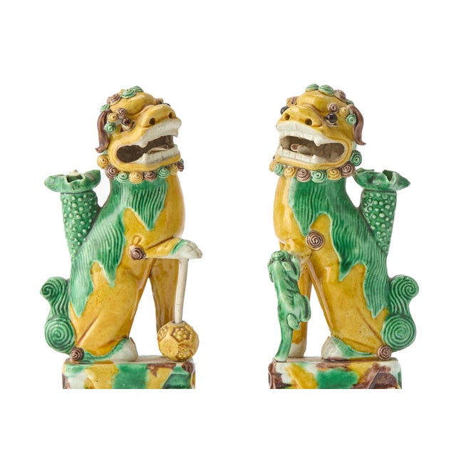 Sancai Guardians: Pair of Chinese Kangxi Biscuit Porcelain Fu Lions For Sale - Image 9 of 10