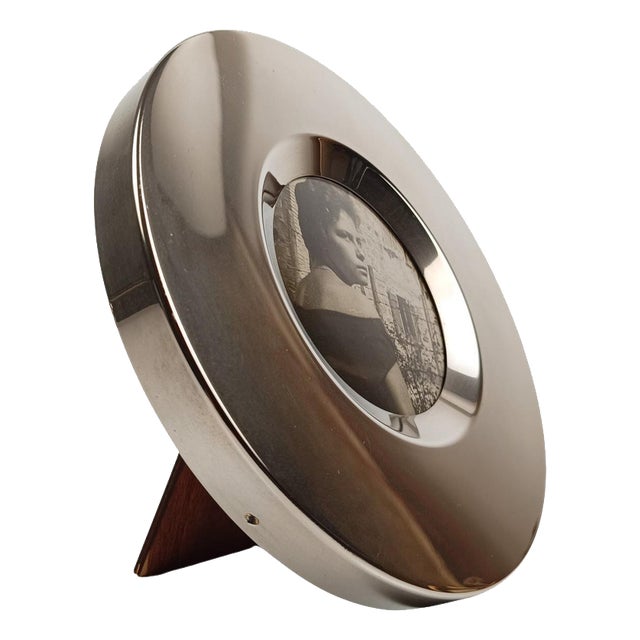 Mid-Century Round Silver-Plated and Teak Picture Frame, Italy, 1970s For Sale