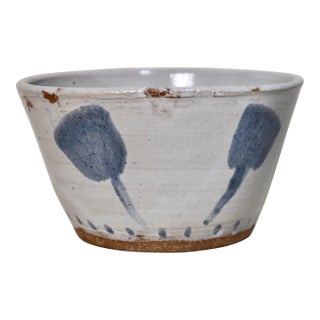 Handmade Flared Studio Pottery Bowl With Blue Botanical Brushstroke Pattern & Milky White Glaze For Sale