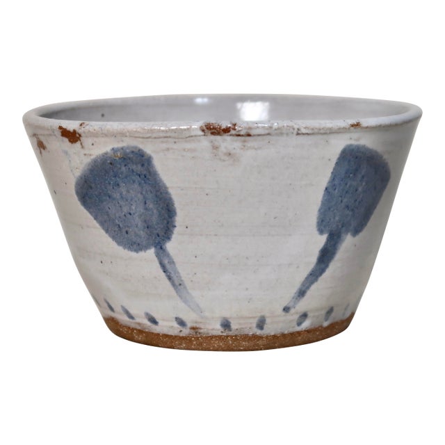 Handmade Flared Studio Pottery Bowl With Blue Botanical Brushstroke Pattern & Milky White Glaze For Sale