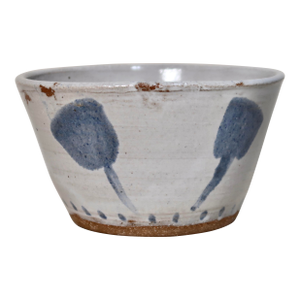 Handmade Flared Studio Pottery Bowl With Blue Botanical Brushstroke Pattern & Milky White Glaze