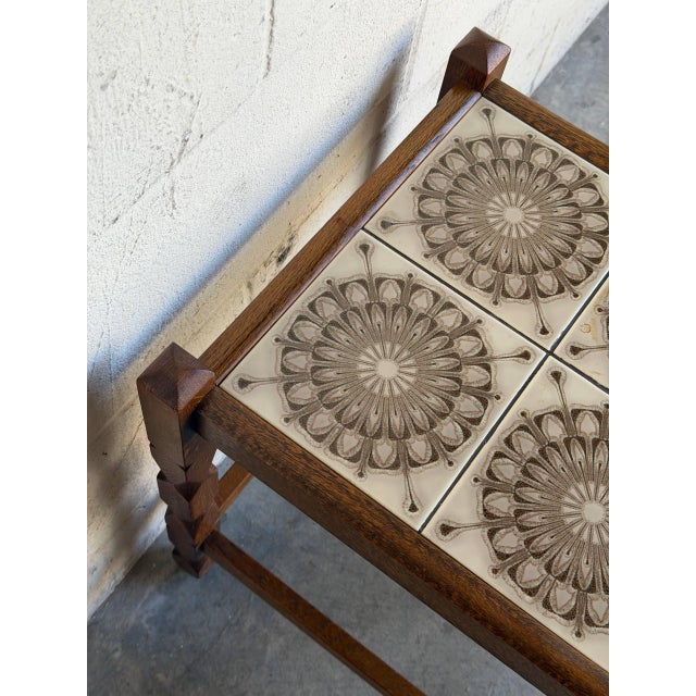Brown Oak Small Table Patterned Ceramic Tile Top Danish Vintage Accent Side End Table 1970s For Sale - Image 8 of 10