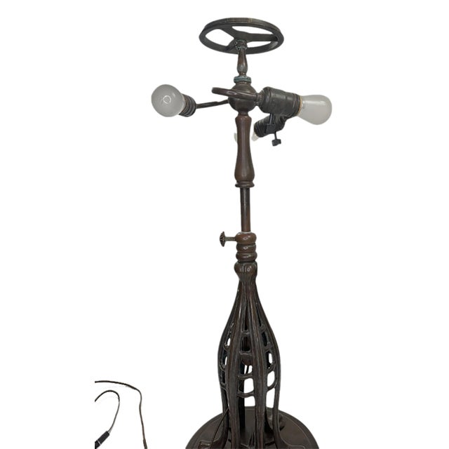 Metal Pair of Vintage Art Nouveau Tiffany Style Lamps With Hand Leaded Glass Shades For Sale - Image 7 of 12