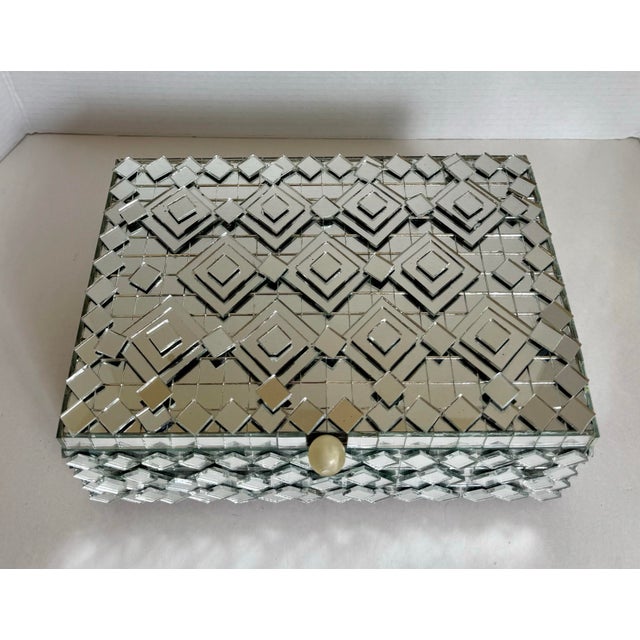 Glass Vintage Mirrored Mosaic Jewelry Box With Geometric Layered Glass Design For Sale - Image 7 of 11