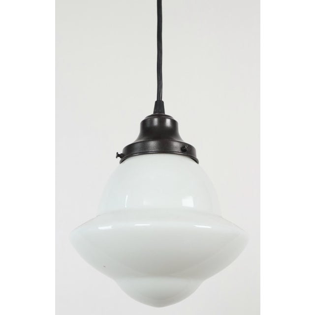 Traditional 1920s Schoolhouse White Milk Glass Black Wire Pendant Light For Sale - Image 3 of 11