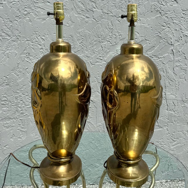 Brass Art Deco Dolbi Cashier Style Brass Tulip Table Lamps - A Pair For Sale - Image 8 of 10