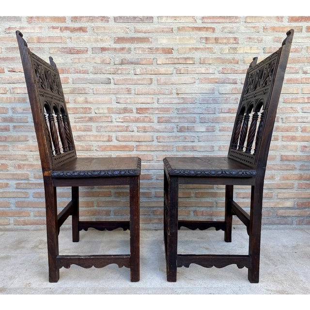 Wood Set of Early 20th Century Spanish Carved Chairs with Wood Seat, 1890s For Sale - Image 7 of 15