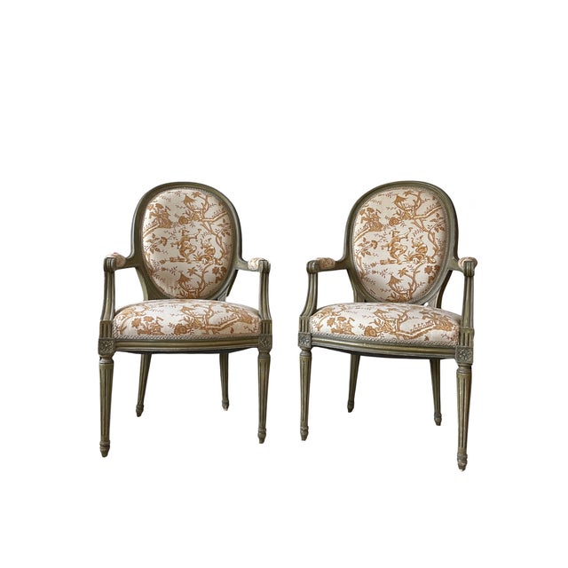 Early 20th Century Pair of Vintage Louis XVI–Style Chinoiserie Armchairs For Sale - Image 5 of 5