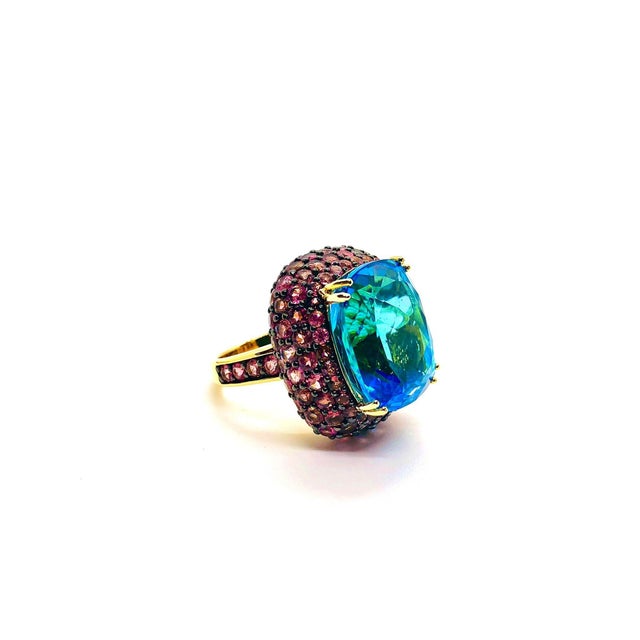 Art Deco Bochic “Orient” Vintage London Blue Topaz & Pink Sapphire Ring Set In 18 K Gold For Sale - Image 3 of 10