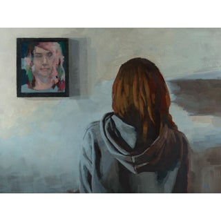 Irresolute by Shelli Langdale | Oil on gallery panel Woman viewing a portrait on the wall. For Sale