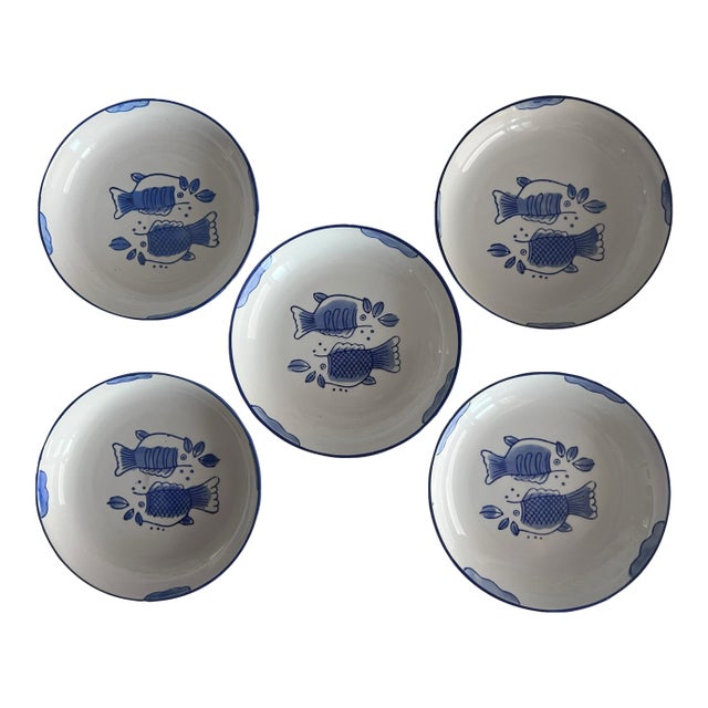 1990s Hand-Painted White & Blue Ceramic Fish Bowls, Made in Brazil- Set of 5 For Sale