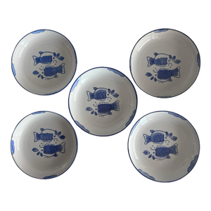 1990s Hand-Painted White & Blue Ceramic Fish Bowls, Made in Brazil- Set of 5
