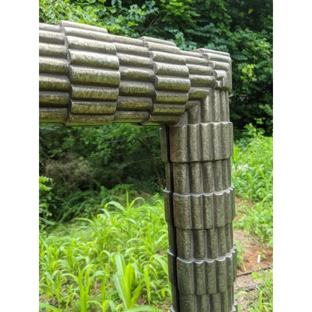 Silver Art Deco Style Woven Ribbed Geometric Architectural Silver Wood Framed Mirror For Sale - Image 8 of 10