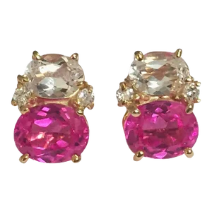 Christina Addison Mini Gum Drop Earrings With Rock Crystal and Pink Topaz and Diamonds - a Pair