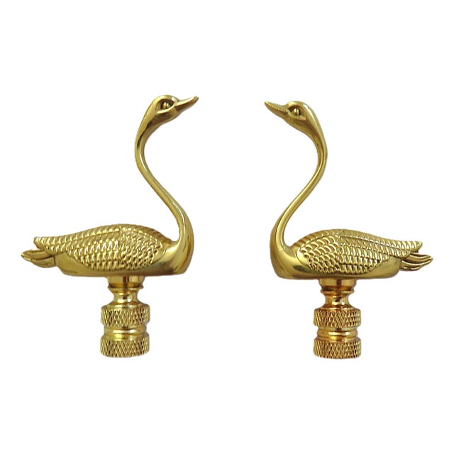 Pair of Polished Brass Swan Lamp Finials Birds For Sale