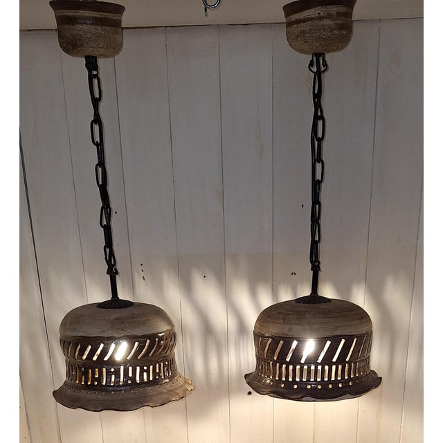 Handmade Rustic Vintage Ceiling Lamps from the 1970s Made of Beige-Brown Ceramic on a Black Iron Chain, Set of 2 For Sale - Image 9 of 9