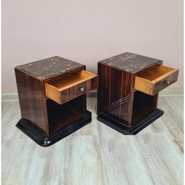 Art Deco Bedside Tables in Makassar Ebony and Portoro Marble, 1930s, Set of 2 For Sale - Image 10 of 14