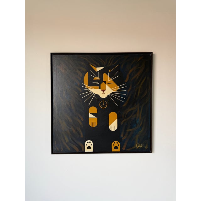 Large Vintage Abstract Geometric Cat Acrylic on Canvas – Framed For Sale - Image 4 of 16