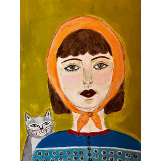 ‘Hilda & Orson’ Abstract Acrylic Painting Portrait of Woman and Her Cat on Paper by Artist Nadia Nabhan For Sale