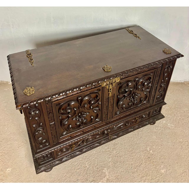 1930s Spanish Carved Blanket Chest, Renaissance Revival Style For Sale - Image 12 of 16